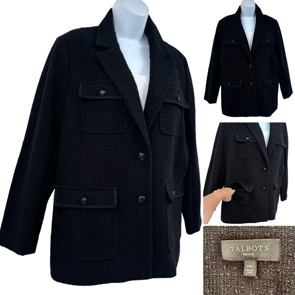 Talbots Lined Blazer With 4 Front Pockets Sz. 14 Petite Boiled Wool Look